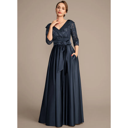 Elegant A-Line Shawl V-Neck Three-Quarter Sleeve Sequin Navy Floor-Length Mother of the Bride Gown