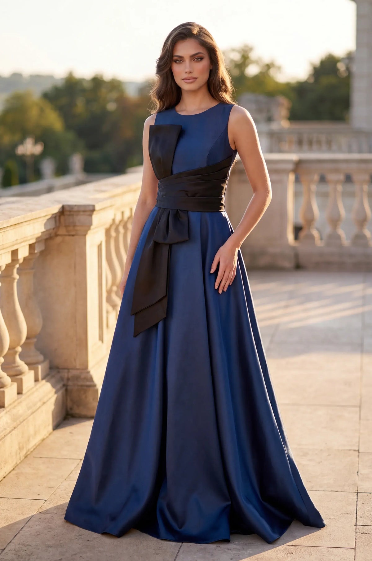 Elegant A-Line Sleeveless Bow-Accent Navy Floor-Length Mother of the Bride Gown