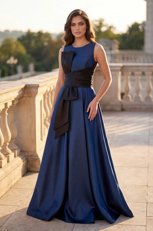 Elegant A-Line Sleeveless Bow-Accent Navy Floor-Length Mother of the Bride Gown