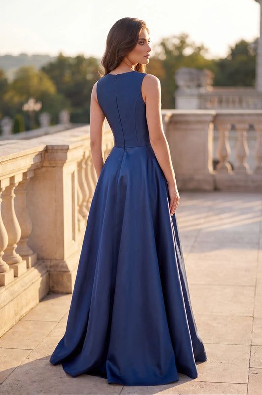 Elegant A-Line Sleeveless Bow-Accent Navy Floor-Length Mother of the Bride Gown