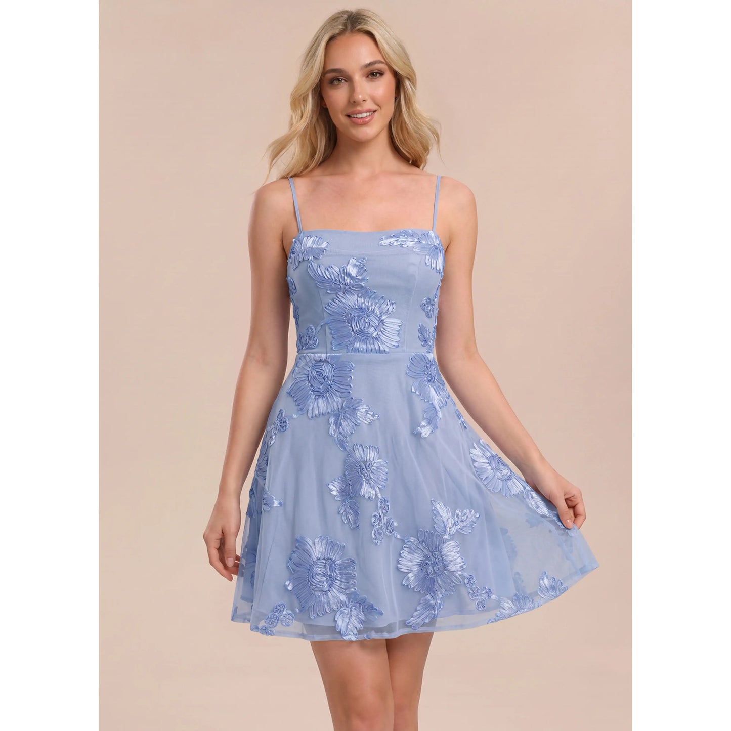 Elegant A-Line Spaghetti Strap Floral Criss-Cross Light Blue Short Homecoming Dress