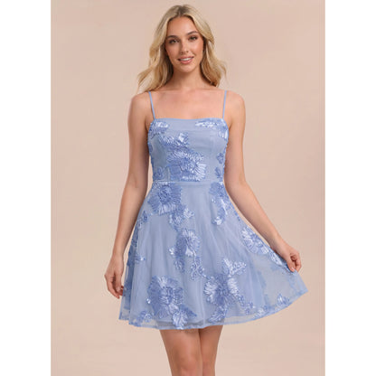 Elegant A-Line Spaghetti Strap Floral Criss-Cross Light Blue Short Homecoming Dress
