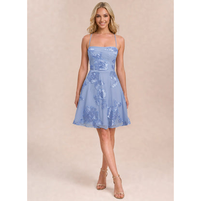 Elegant A-Line Spaghetti Strap Floral Criss-Cross Light Blue Short Homecoming Dress