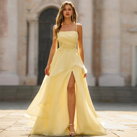 Elegant A-Line Spaghetti Strap Ruffled Slit Pale Yellow Floor-Length Prom Dress