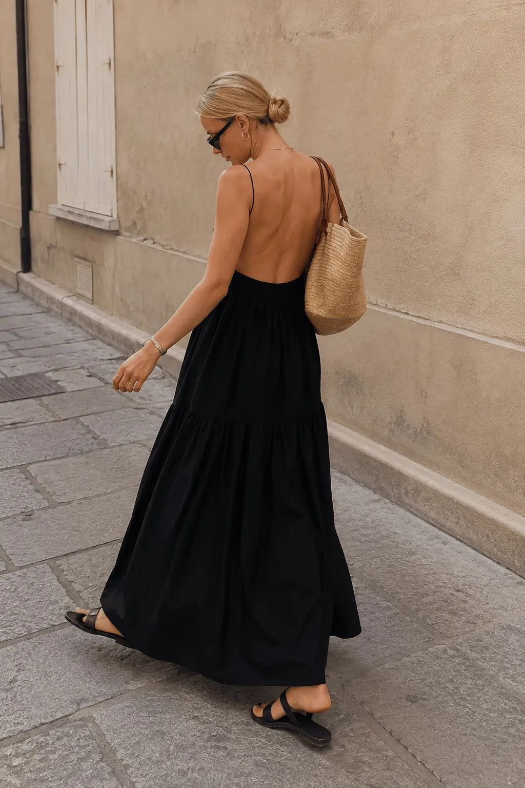 Elegant A-Line Spaghetti Strap Sleeveless Backless Tiered Black Maxi Prom Dress