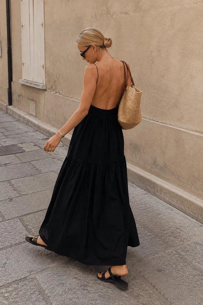 Elegant A-Line Spaghetti Strap Sleeveless Backless Tiered Black Maxi Prom Dress