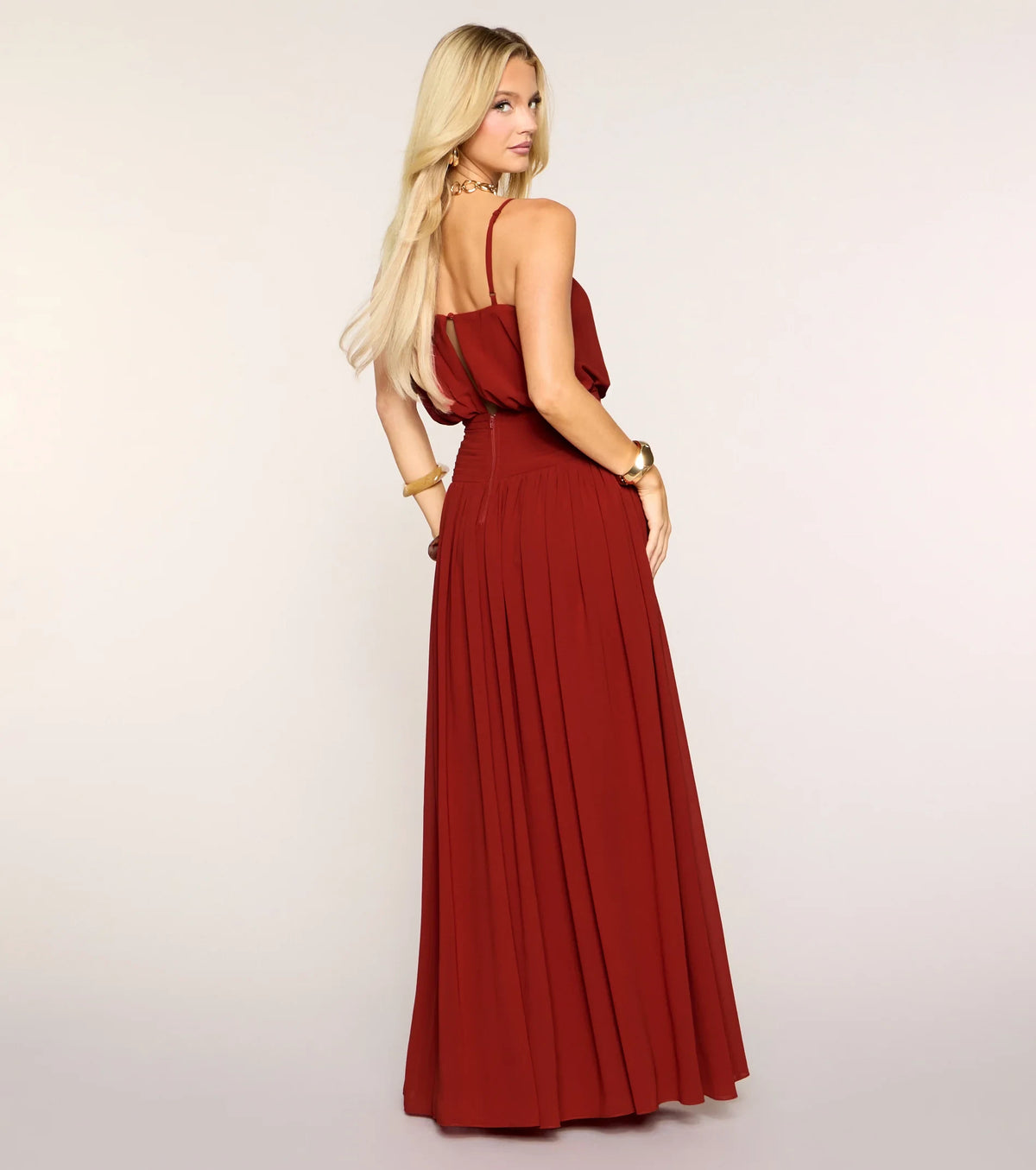 Elegant A-Line Spaghetti Strap Sleeveless Chic Flowy Rust Floor-Length Evening Dress Women's Gown