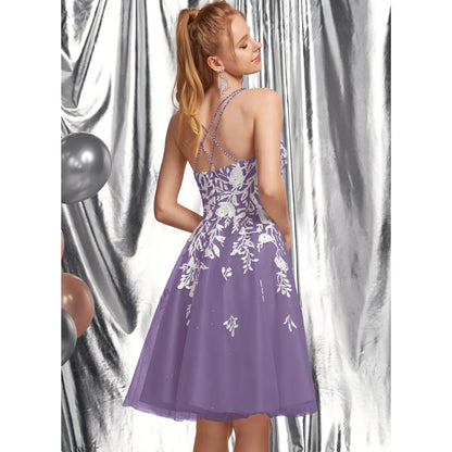 Elegant A-Line Spaghetti Strap Sleeveless Floral Purple Short Homecoming Dress