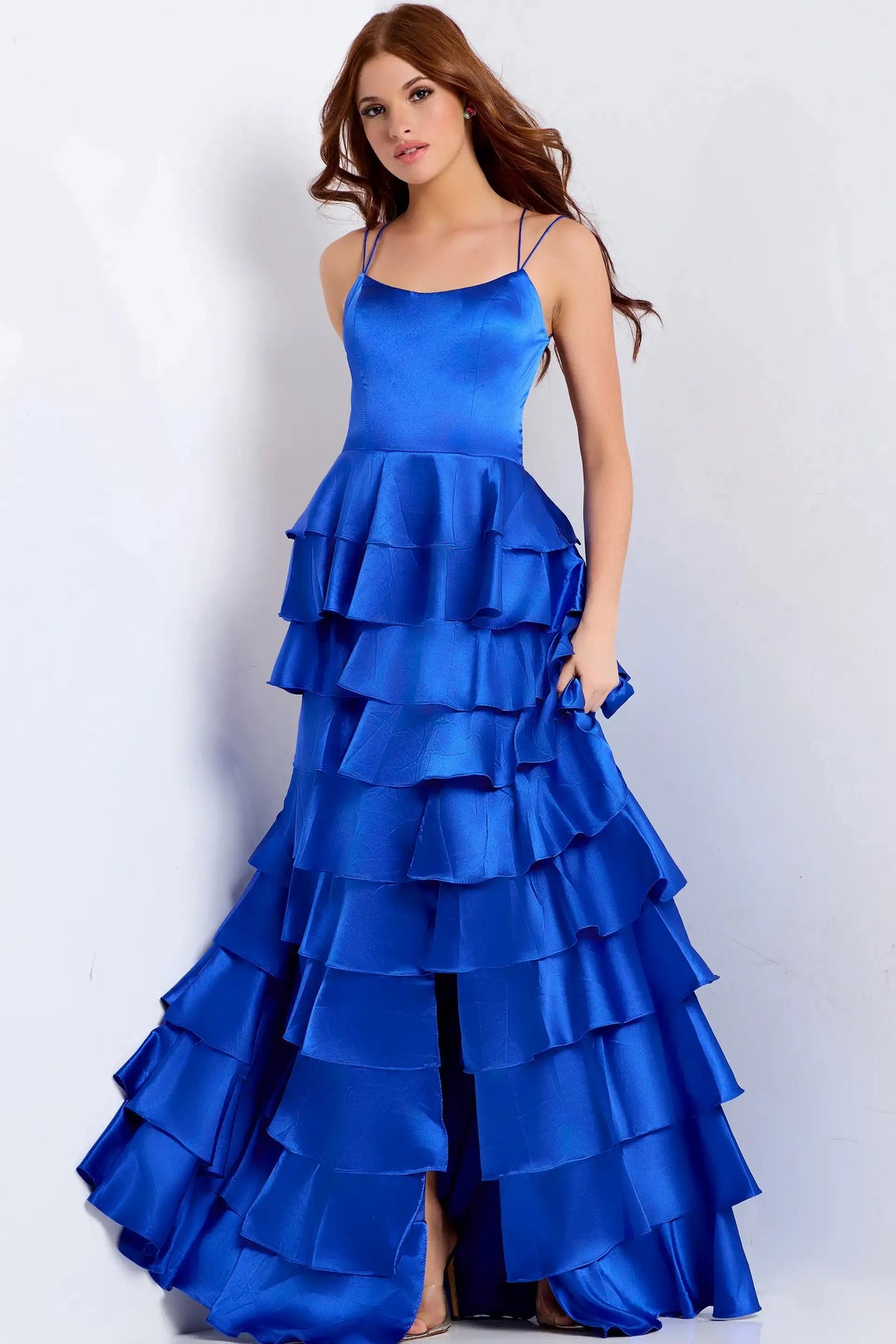 Elegant A-Line Spaghetti Strap Sleeveless Ruffled Royal Blue Floor-Length Evening Gown