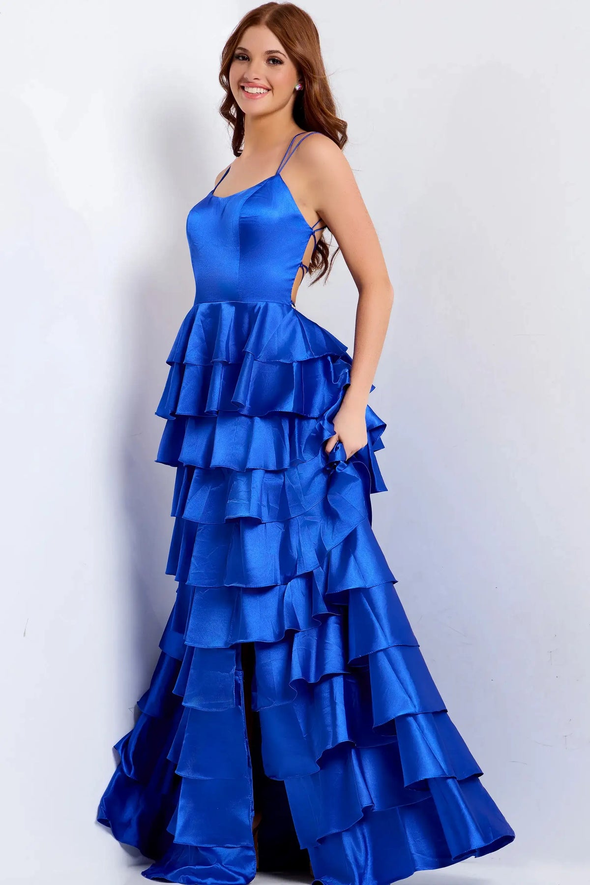 Elegant A-Line Spaghetti Strap Sleeveless Ruffled Royal Blue Floor-Length Evening Gown