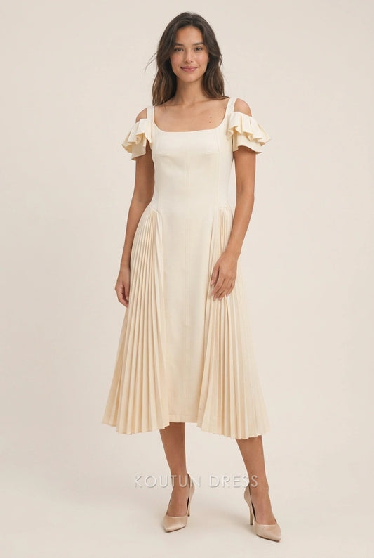 Elegant A-Line Square-Neck Off-Shoulder Pleated Midi Cream Prom Dresses