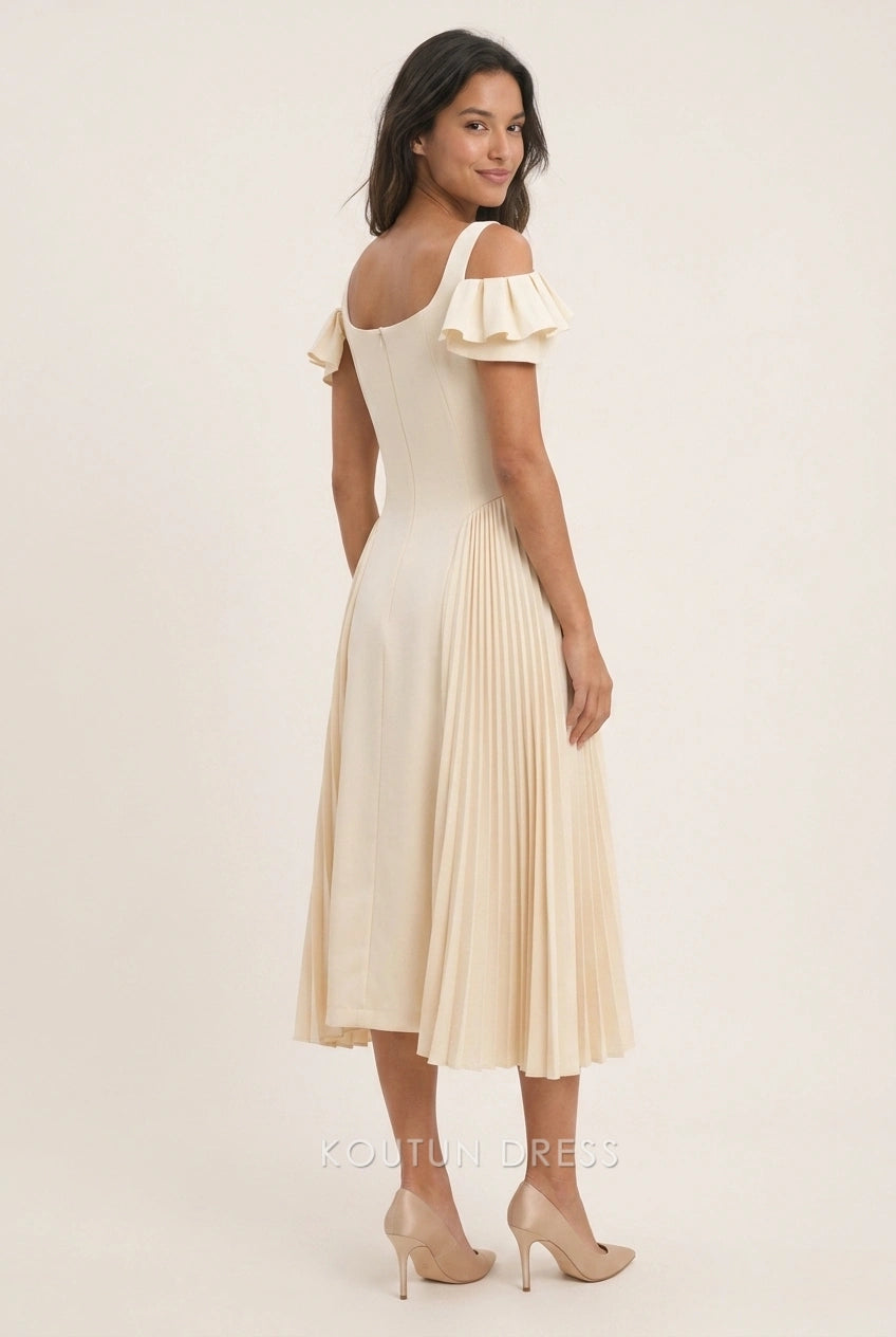 Elegant A-Line Square-Neck Off-Shoulder Pleated Midi Cream Prom Dresses