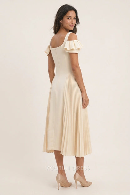 Elegant A-Line Square-Neck Off-Shoulder Pleated Midi Cream Prom Dresses