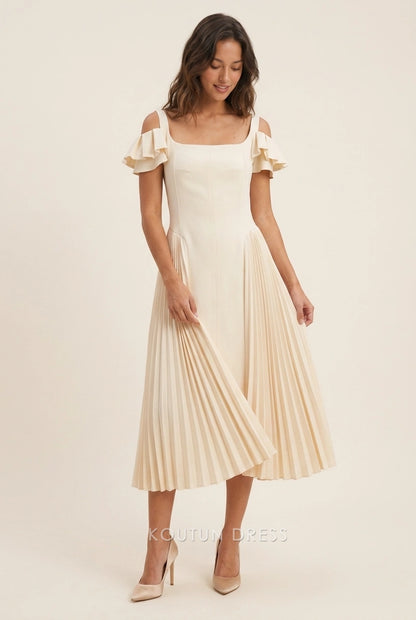 Elegant A-Line Square-Neck Off-Shoulder Pleated Midi Cream Prom Dresses