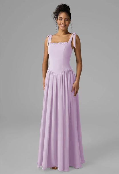Elegant A-Line Square-Neck Sleeveless Tie-Strap Pleated Lilac Maxi Bridesmaid Dress Women