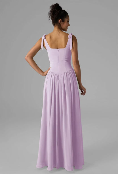 Elegant A-Line Square-Neck Sleeveless Tie-Strap Pleated Lilac Maxi Bridesmaid Dress Women
