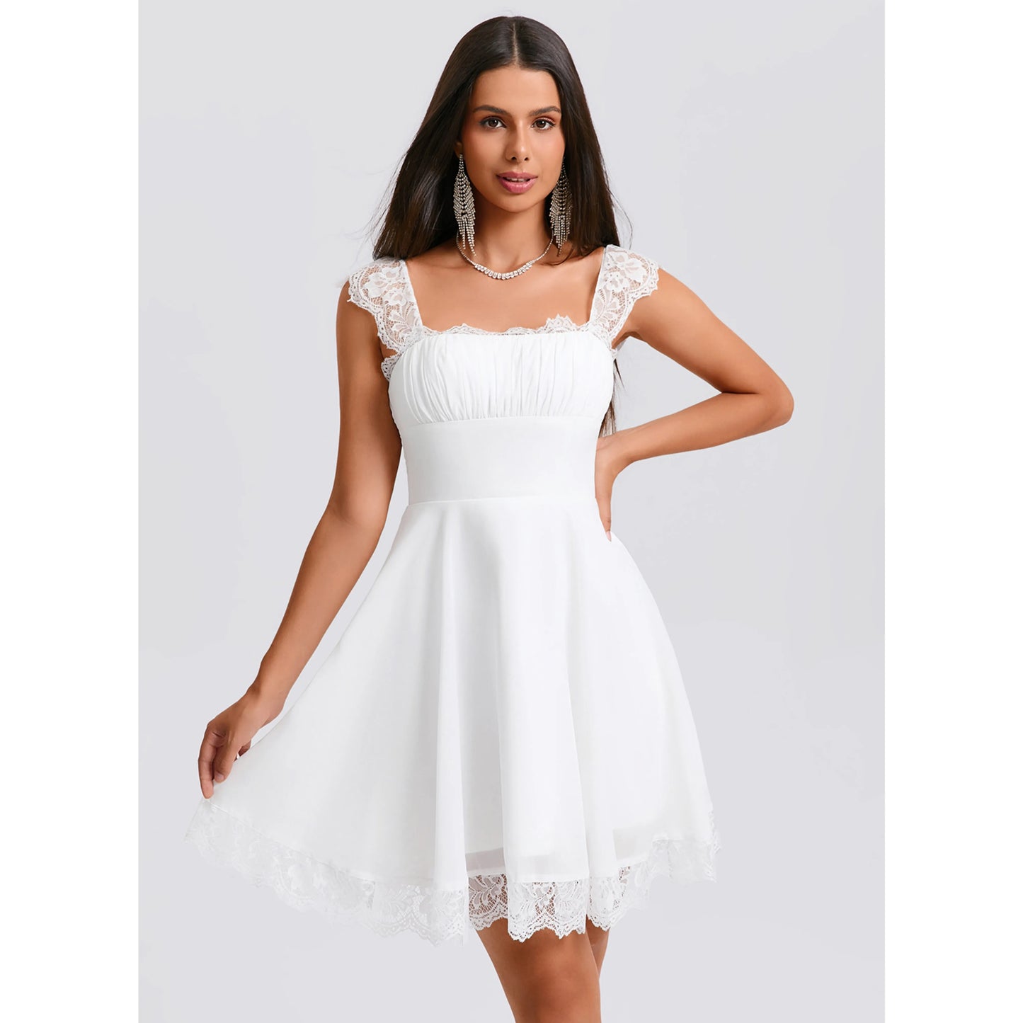 Elegant A-Line Square Neck Cap Sleeve Charming White Short Homecoming Dress for Women
