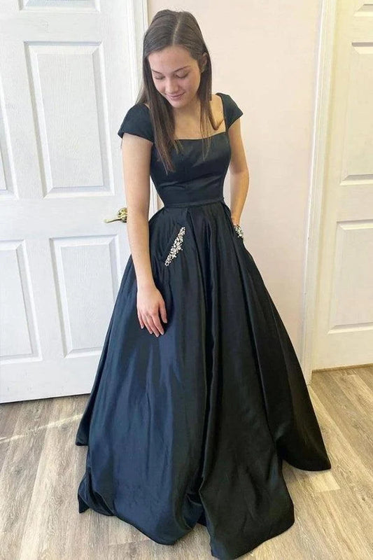 Elegant A-Line Square Neck Cap Sleeves Backless Black Floor-Length Prom Dress Women's