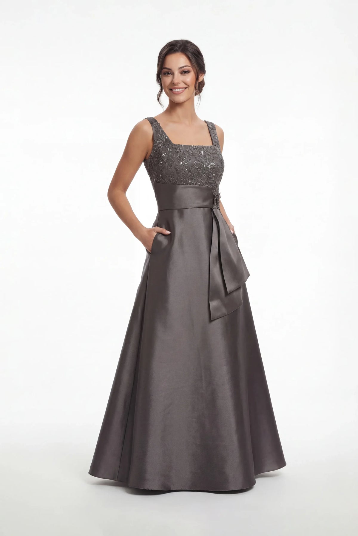 Elegant A-Line Square Neck Embellished Charcoal Floor-Length Mother of the Bride Gown