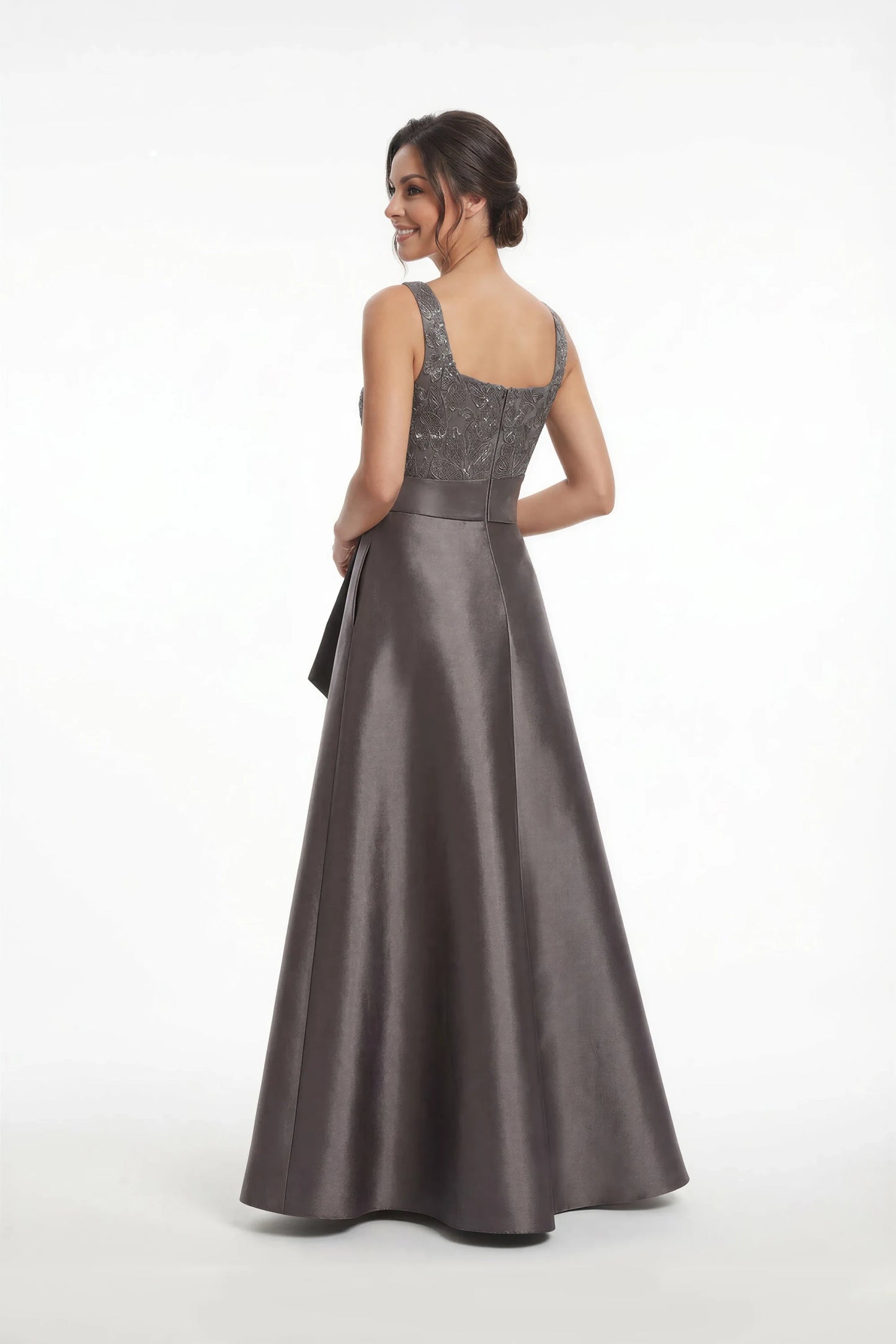 Elegant A-Line Square Neck Embellished Charcoal Floor-Length Mother of the Bride Gown