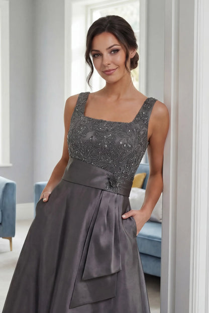 Elegant A-Line Square Neck Embellished Charcoal Floor-Length Mother of the Bride Gown
