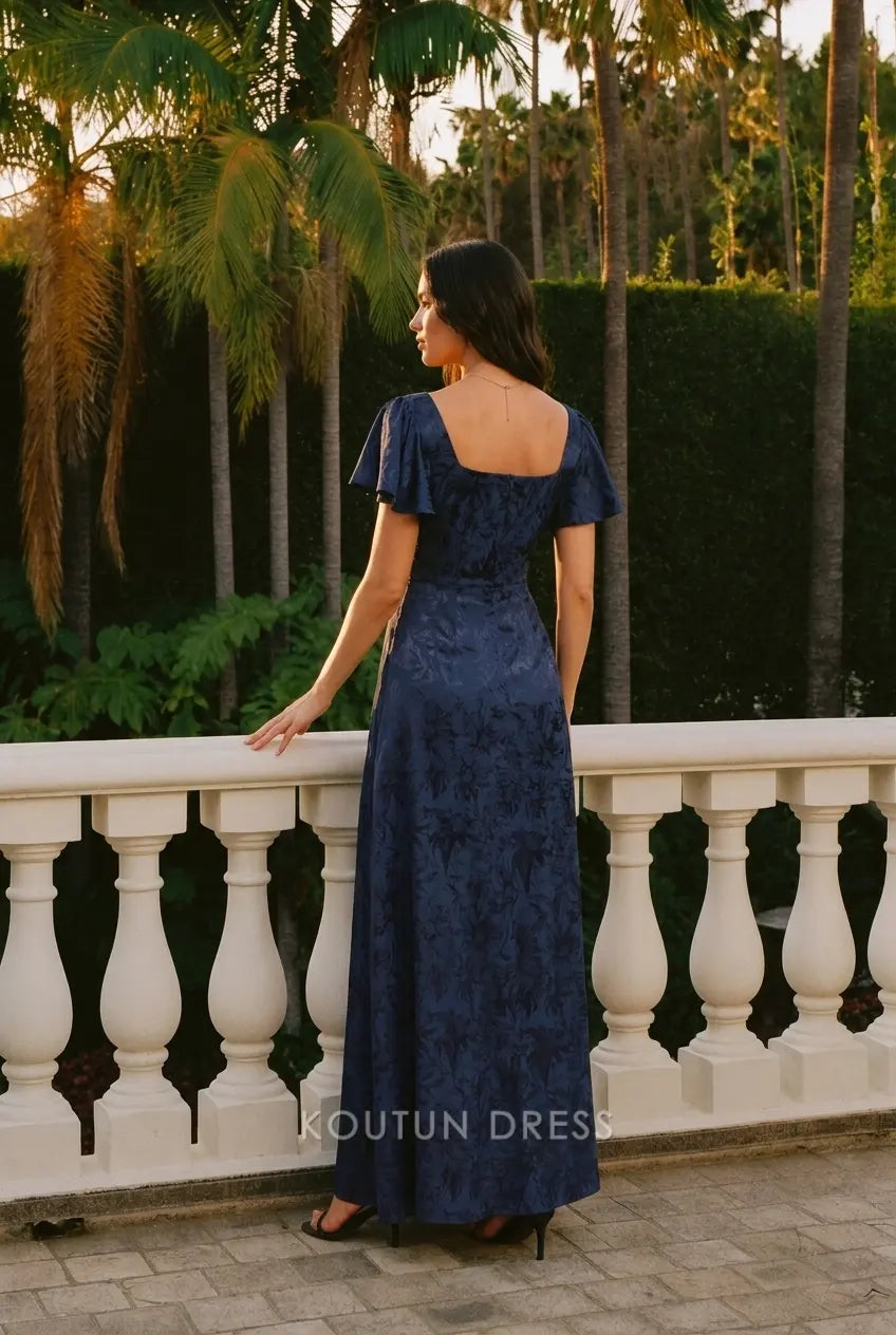 Elegant A-Line Square Neck Flutter Sleeve High Slit Navy Blue Prom Dress