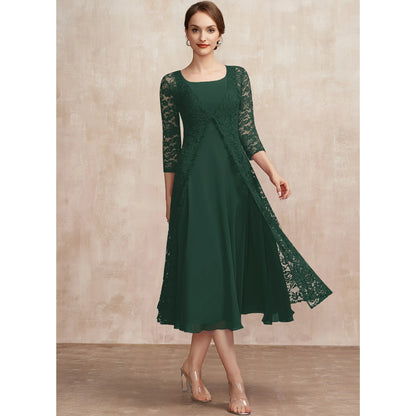 Elegant A-Line Square Neck Lace Forest Green Midi Mother of the Bride Dress