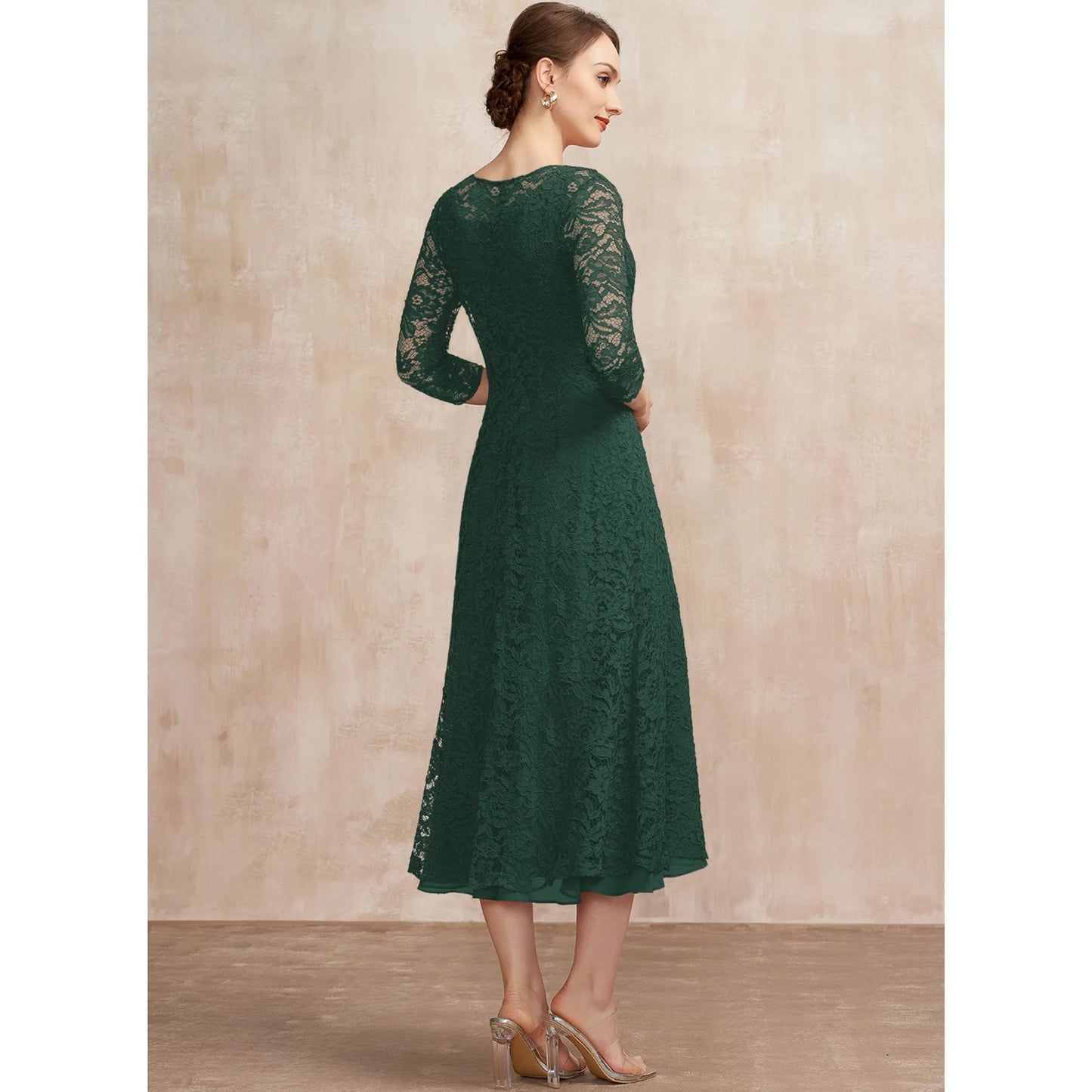 Elegant A-Line Square Neck Lace Forest Green Midi Mother of the Bride Dress