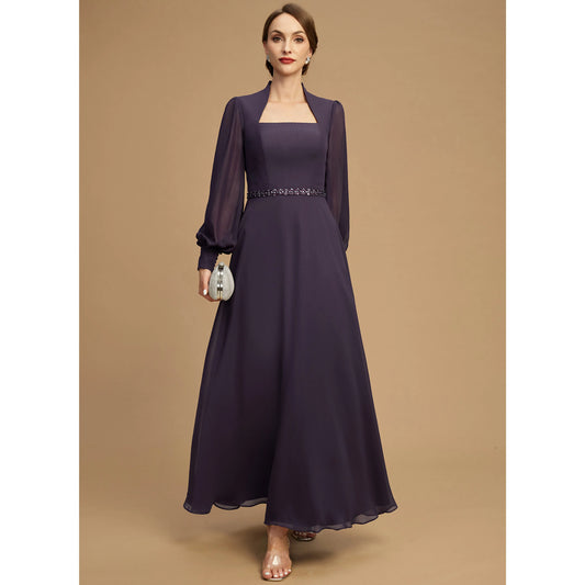 Elegant A-Line Square Neck Long Sleeve Plum Mother of the Bride Gown