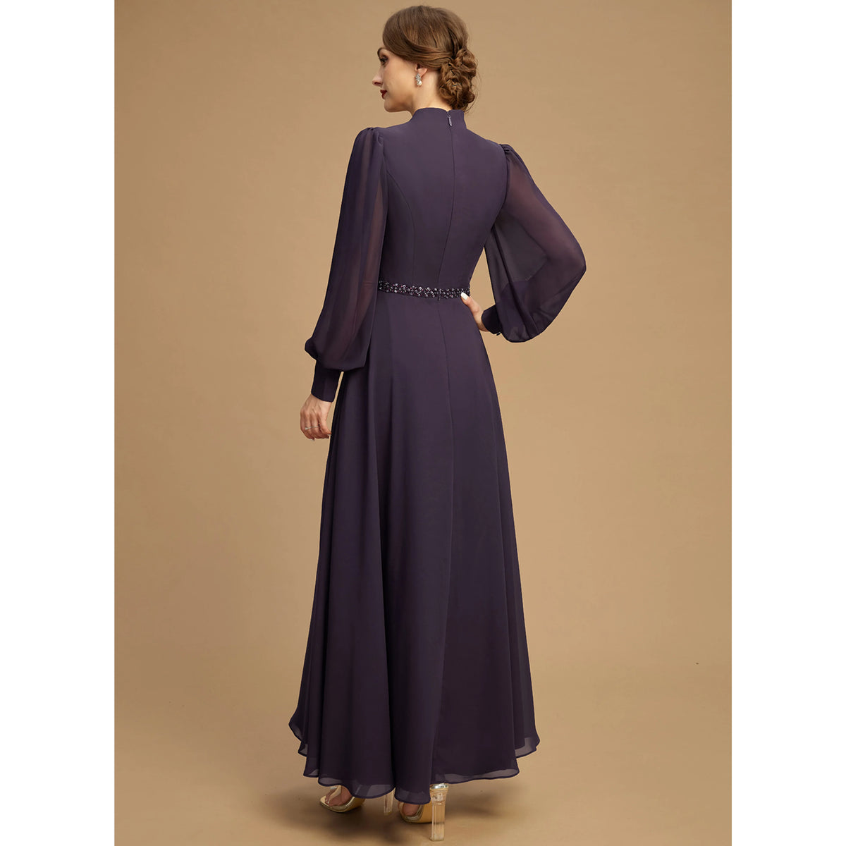 Elegant A-Line Square Neck Long Sleeve Plum Mother of the Bride Gown