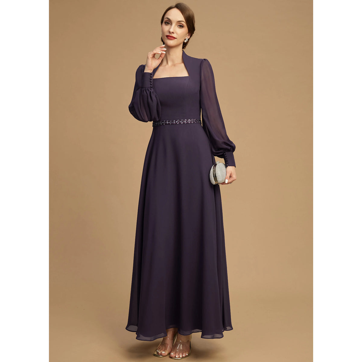 Elegant A-Line Square Neck Long Sleeve Plum Mother of the Bride Gown