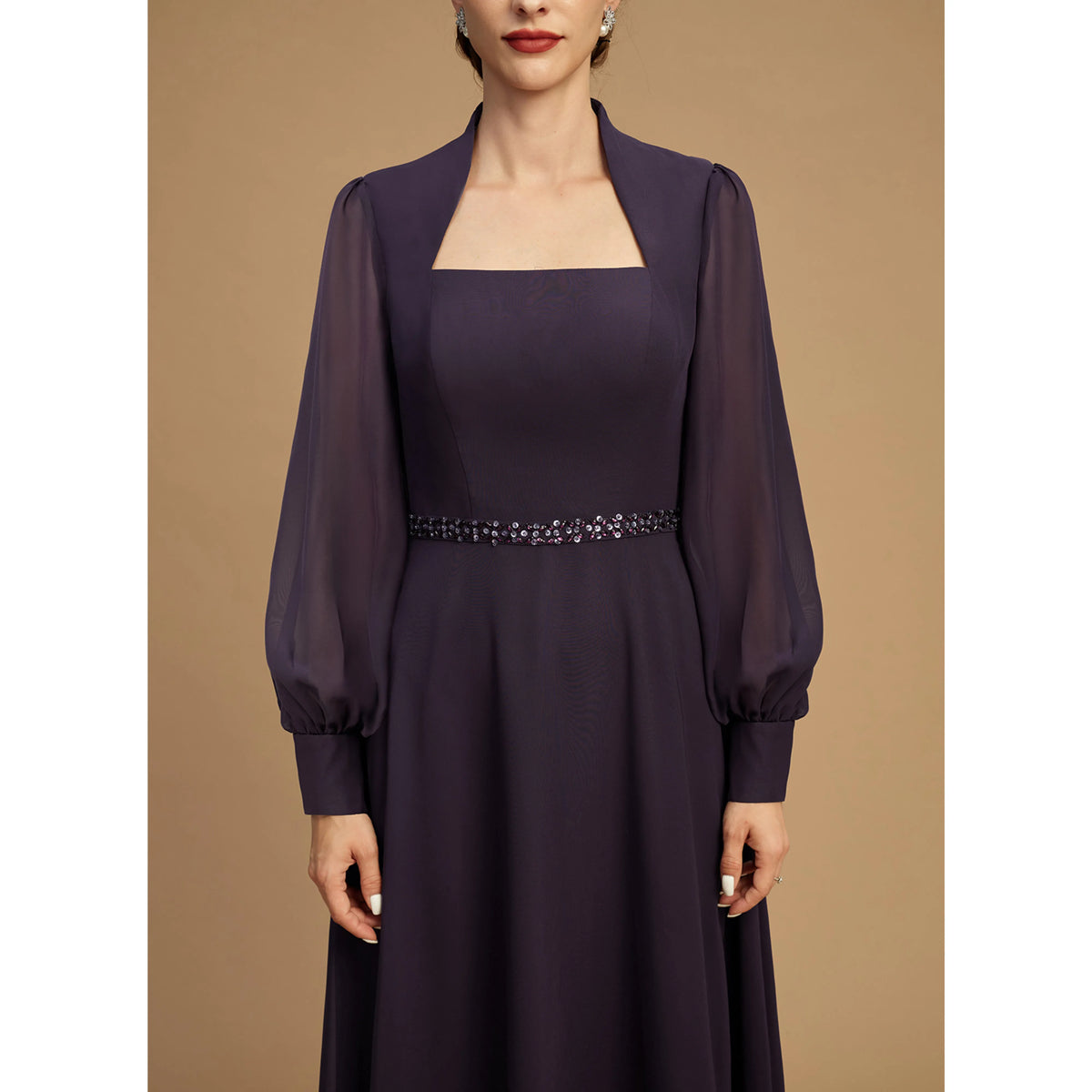 Elegant A-Line Square Neck Long Sleeve Plum Mother of the Bride Gown