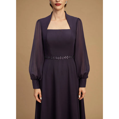 Elegant A-Line Square Neck Long Sleeve Plum Mother of the Bride Gown