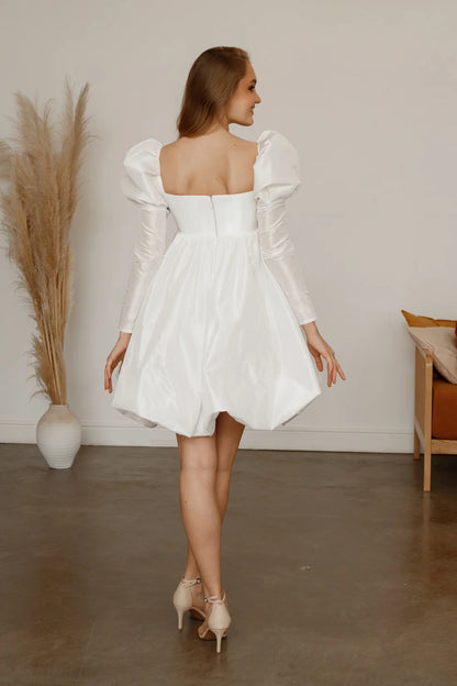 Elegant A-Line Square Neck Long Sleeve Puffy Bubble White Short Wedding Dress