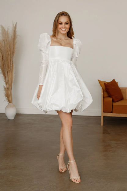 Elegant A-Line Square Neck Long Sleeve Puffy Bubble White Short Wedding Dress
