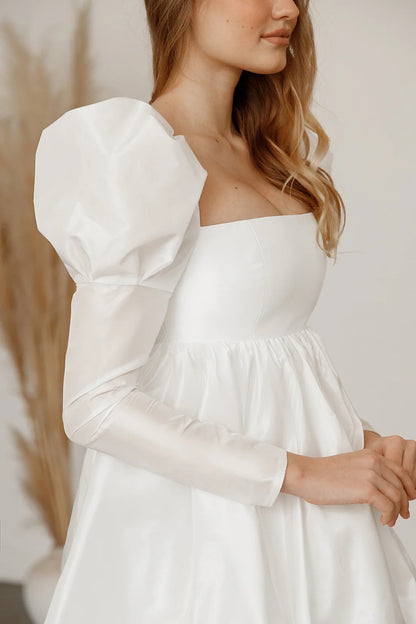 Elegant A-Line Square Neck Long Sleeve Puffy Bubble White Short Wedding Dress