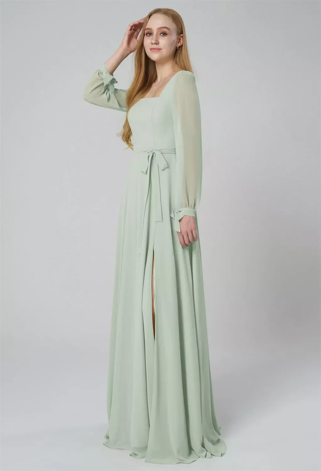 Elegant A-Line Square Neck Long Sleeve Slit Mint Maxi Bridesmaid Dress