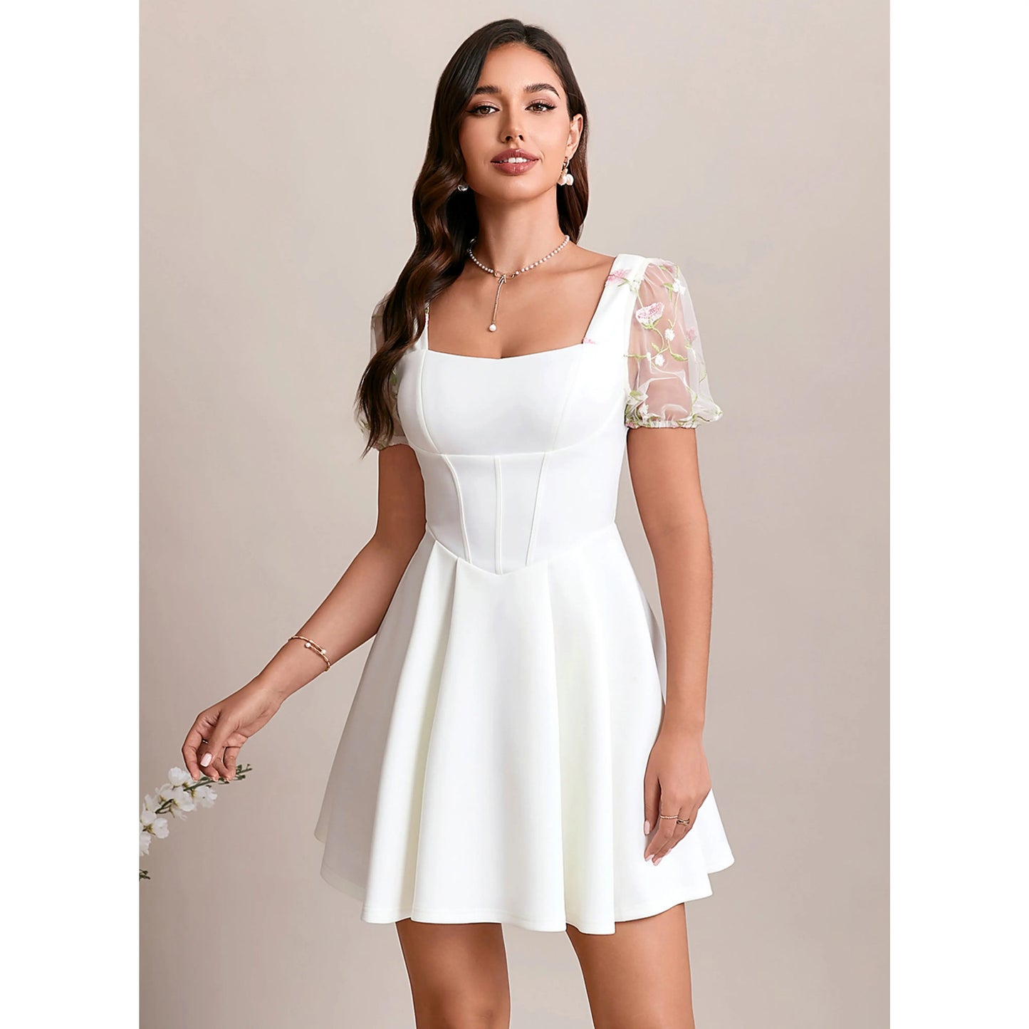Elegant A-Line Square Neck Puff Sleeve Embroidered White Short Homecoming Dress