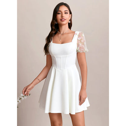 Elegant A-Line Square Neck Puff Sleeve Embroidered White Short Homecoming Dress