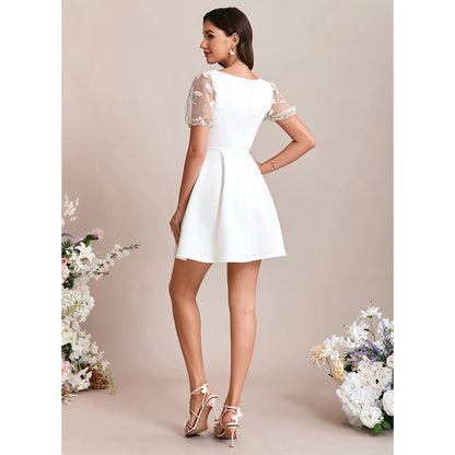 Elegant A-Line Square Neck Puff Sleeve Embroidered White Short Homecoming Dress