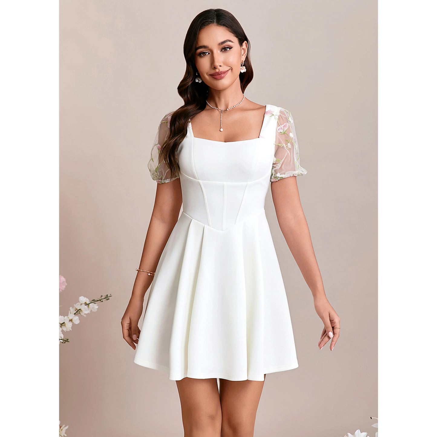 Elegant A-Line Square Neck Puff Sleeve Embroidered White Short Homecoming Dress