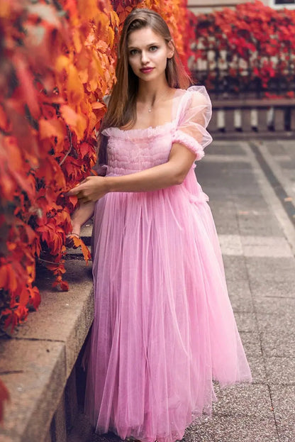 Elegant A-Line Square Neck Puffy Sleeve Romantic Pink Midi Prom Dress Gown