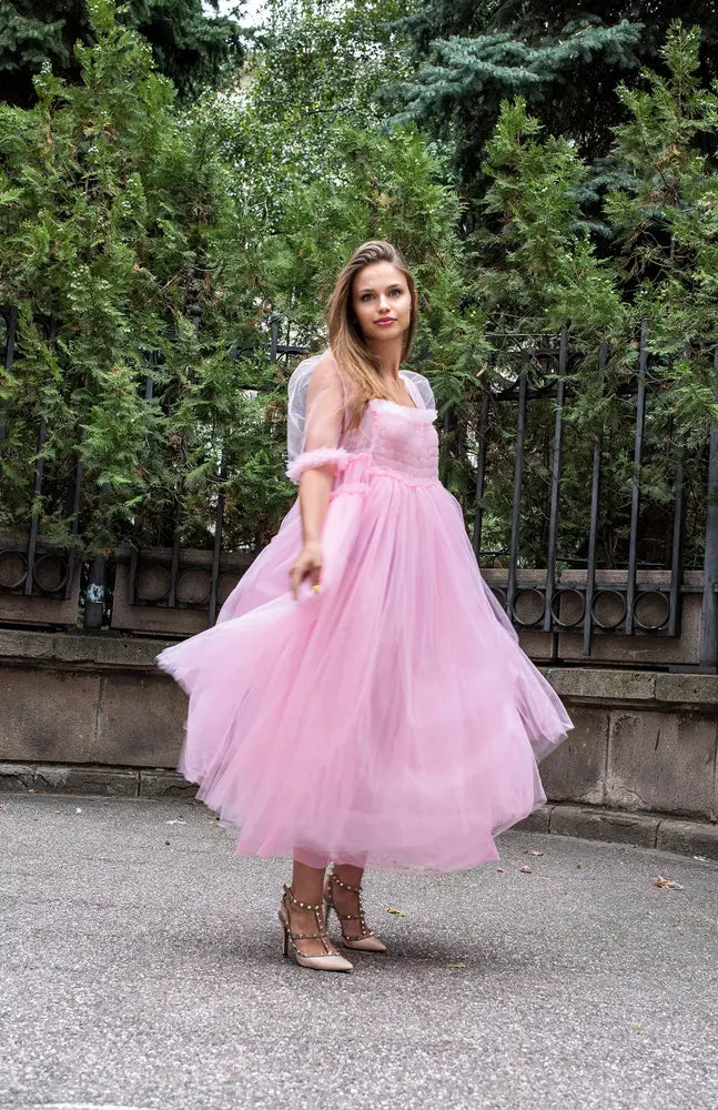Elegant A-Line Square Neck Puffy Sleeve Romantic Pink Midi Prom Dress Gown