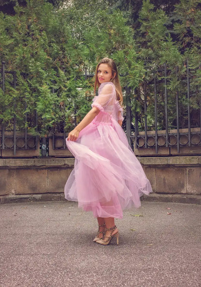 Elegant A-Line Square Neck Puffy Sleeve Romantic Pink Midi Prom Dress Gown