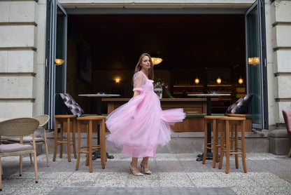 Elegant A-Line Square Neck Puffy Sleeve Romantic Pink Midi Prom Dress Gown