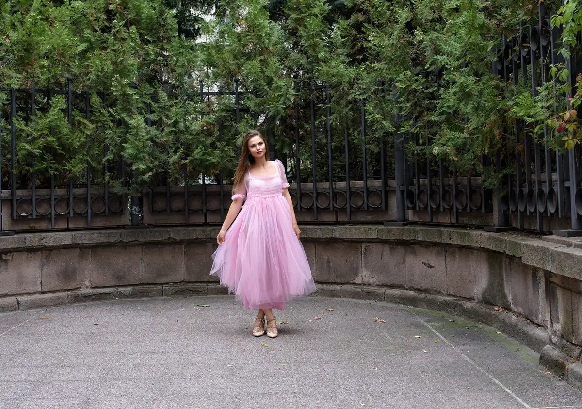 Elegant A-Line Square Neck Puffy Sleeve Romantic Pink Midi Prom Dress Gown