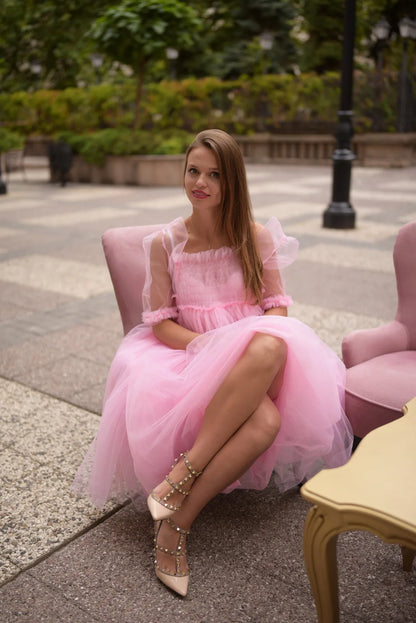 Elegant A-Line Square Neck Puffy Sleeve Romantic Pink Midi Prom Dress Gown