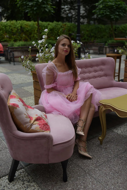 Elegant A-Line Square Neck Puffy Sleeve Romantic Pink Midi Prom Dress Gown