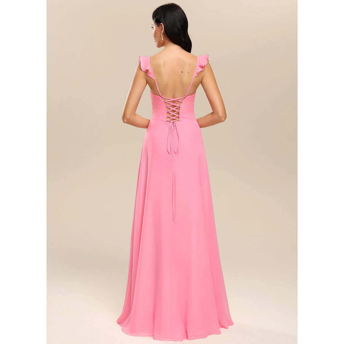 Elegant A-Line Square Neck Ruffle Strap Slit Pink Floor-Length Bridesmaid Dress Gown