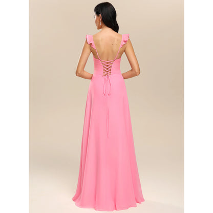 Elegant A-Line Square Neck Ruffle Strap Slit Pink Floor-Length Bridesmaid Dress Gown